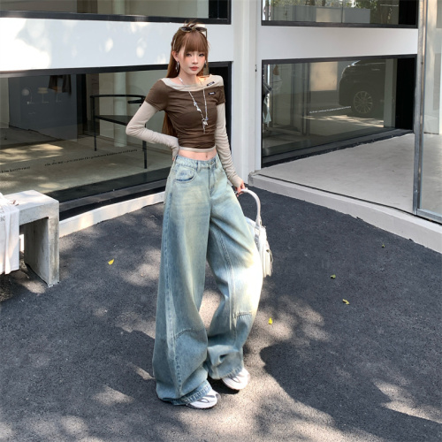 Photographed~ 2025 American Retro Versatile Street New Overhaul Washed Bended Knife Wide Leg Pants Floor-Length Denim Jeans for Women