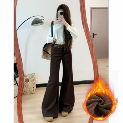 Women's 2025 Autumn New Knee-High Straight Leg Denim Jeans with Faux Fur Lining and Heel Detail, Loose Fit, Floor-Length