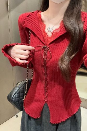 Shooted Autumn/Winter Korean Style Pure Desire Lace Splicing Bamboo Bead Edge Fitted Underlayer Andy Wool Knit Top