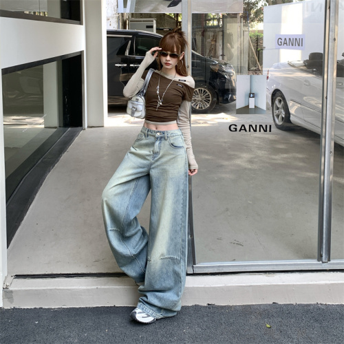 Photographed~ 2025 American Retro Versatile Street New Overhaul Washed Bended Knife Wide Leg Pants Floor-Length Denim Jeans for Women