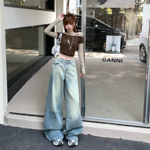 Photographed~ 2025 American Retro Versatile Street New Overhaul Washed Bended Knife Wide Leg Pants Floor-Length Denim Jeans for Women