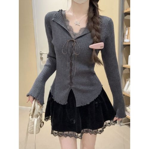 Shooted Autumn/Winter Korean Style Pure Desire Lace Splicing Bamboo Bead Edge Fitted Underlayer Andy Wool Knit Top