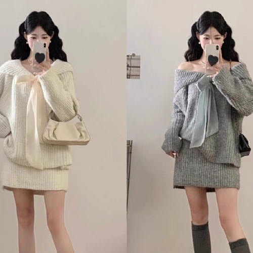 Korean-style sophisticated bow-knot knitted autumn/winter relaxed-fit, stylish, figure-flattering sweater + arm-sheath skirt set