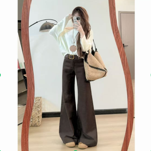 Women's 2025 Autumn New Knee-High Straight Leg Denim Jeans with Faux Fur Lining and Heel Detail, Loose Fit, Floor-Length