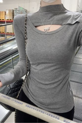 Real-shot autumn/winter Korean-style chic slim-fit edgy hollow-out half-high-neck long-sleeved T-shirt base layer top.