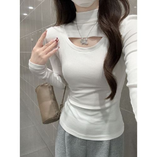 Real-shot autumn/winter Korean-style chic slim-fit edgy hollow-out half-high-neck long-sleeved T-shirt base layer top.