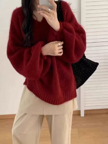 V-neck Lazy Style Lantern Sleeve Hooded Knit Top for Women - Autumn/Winter 2025 New Arrival Loose and Slimming Elegant Knit Sweater