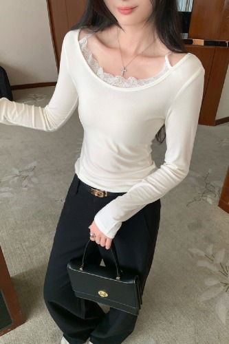 White lace edge mock two-piece base top women's autumn/winter 2025 new design sense inner T-shirt