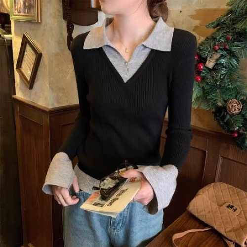 Spring and Autumn New Korean Style Fashion Collar Contrast Color Long Sleeve Knit Top for Women Slimming and Elegant Versatile Base Shirt Top