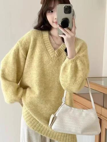 V-neck Lazy Style Lantern Sleeve Hooded Knit Top for Women - Autumn/Winter 2025 New Arrival Loose and Slimming Elegant Knit Sweater