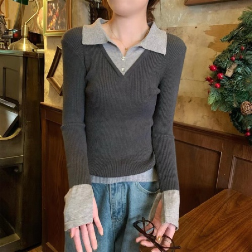 Spring and Autumn New Korean Style Fashion Collar Contrast Color Long Sleeve Knit Top for Women Slimming and Elegant Versatile Base Shirt Top