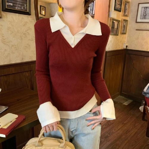 Spring and Autumn New Korean Style Fashion Collar Contrast Color Long Sleeve Knit Top for Women Slimming and Elegant Versatile Base Shirt Top