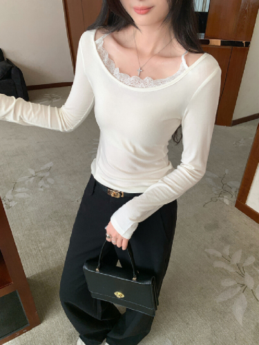White lace edge mock two-piece base top women's autumn/winter 2025 new design sense inner T-shirt