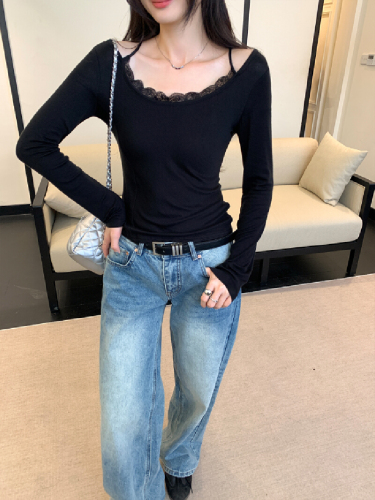 White lace edge mock two-piece base top women's autumn/winter 2025 new design sense inner T-shirt