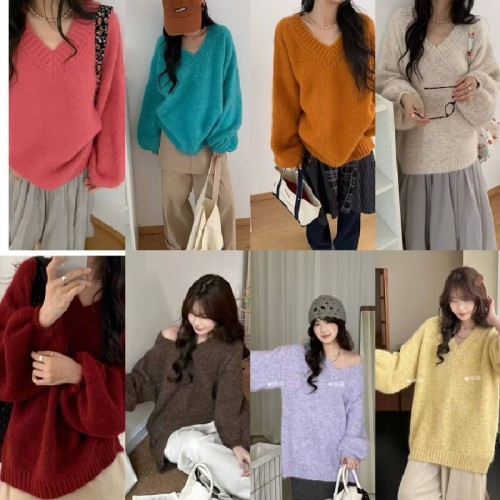 V-neck Lazy Style Lantern Sleeve Hooded Knit Top for Women - Autumn/Winter 2025 New Arrival Loose and Slimming Elegant Knit Sweater