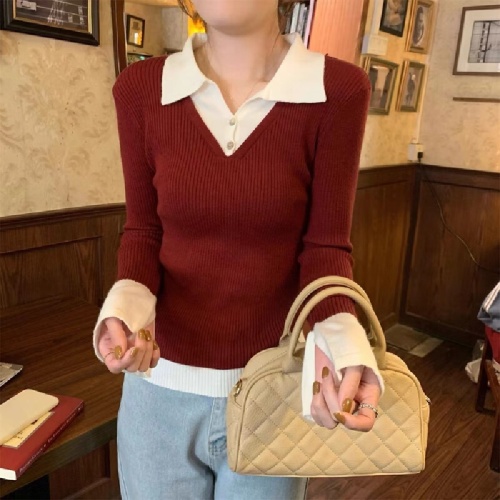 Spring and Autumn New Korean Style Fashion Collar Contrast Color Long Sleeve Knit Top for Women Slimming and Elegant Versatile Base Shirt Top