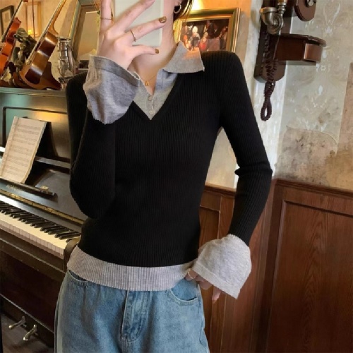 Spring and Autumn New Korean Style Fashion Collar Contrast Color Long Sleeve Knit Top for Women Slimming and Elegant Versatile Base Shirt Top
