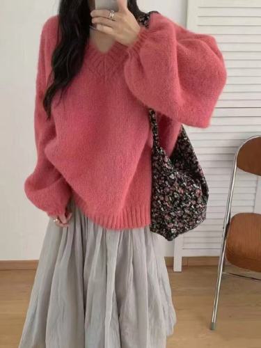 V-neck Lazy Style Lantern Sleeve Hooded Knit Top for Women - Autumn/Winter 2025 New Arrival Loose and Slimming Elegant Knit Sweater