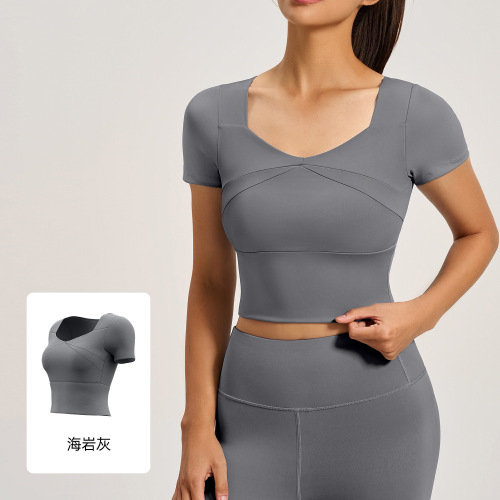 New style yoga short-sleeved high-elastic slim fit bra-free running yoga wear T-shirt on behalf of