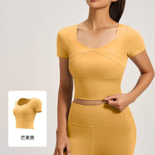 New style yoga short-sleeved high-elastic slim fit bra-free running yoga wear T-shirt on behalf of