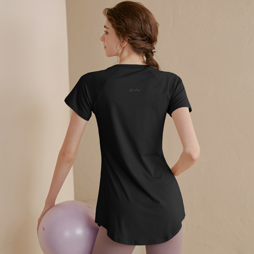  new yoga clothes for women, mid-length, hip-covering, slimming, short-sleeved T-shirts, running sports tops, fitness clothes for summer