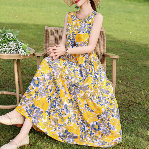 Summer cotton silk dress new outer wear young style suspender beach skirt women's sleeveless holiday skirt long skirt elegant