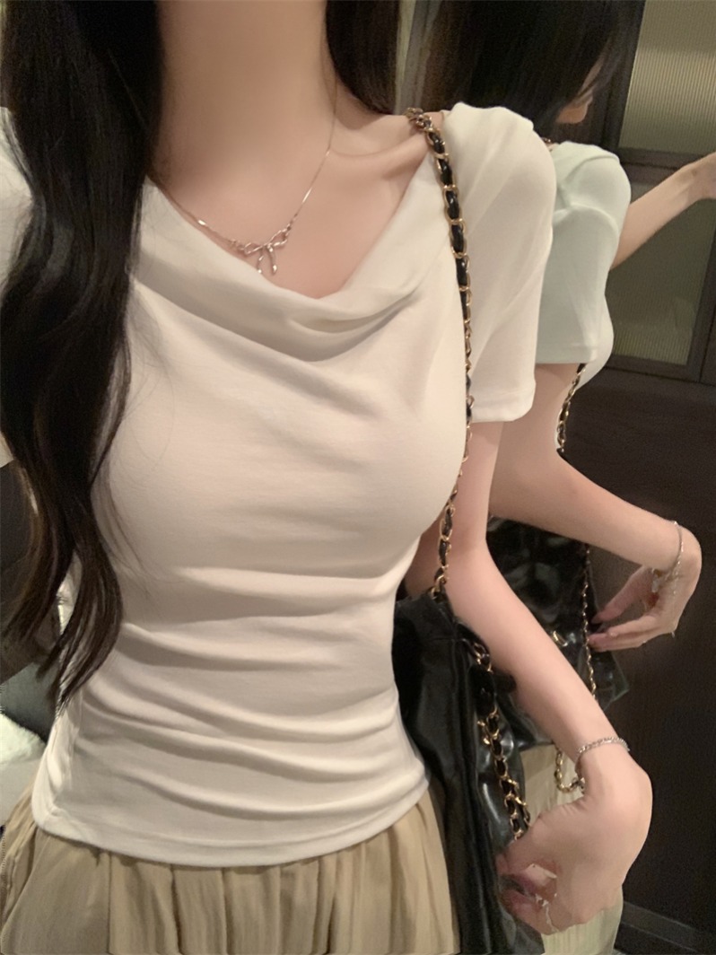 Real shot, real price, pure lust style, one-shoulder short-sleeved T-shirt, women's summer new slim fit niche design top