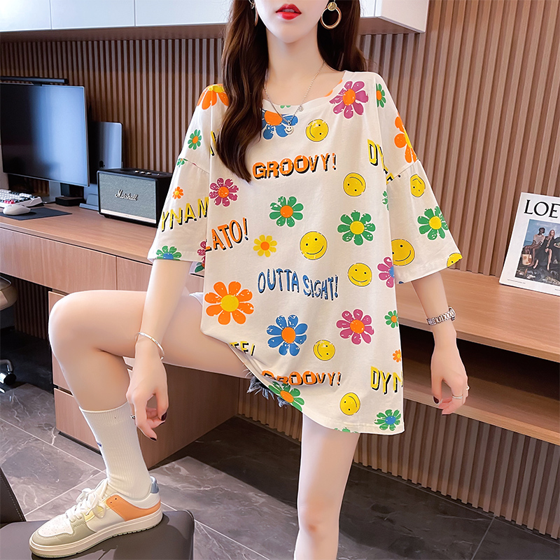 Real shooting summer Korean loose print flower large women's Short Sleeve Top