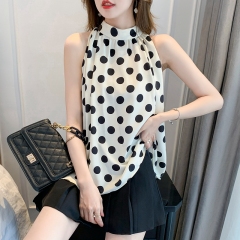 Women's summer Satin polka dot with neck hanging vest and retro chiffon shirt