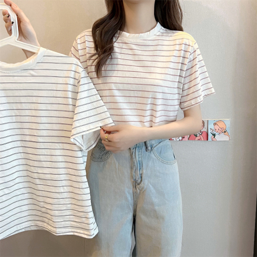 Real shot 100% cotton summer stripe loose short sleeve T-shirt women's casual top