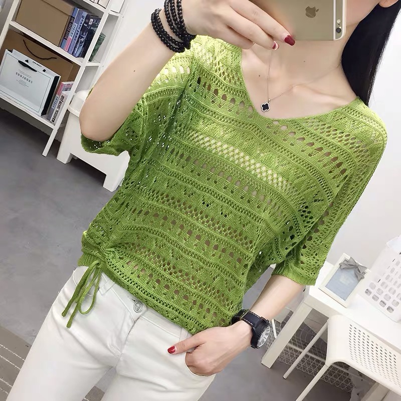 Spring and summer new net red top foreign style sweater women's hollow out bright silk drawstring fashion Batman thin sweater