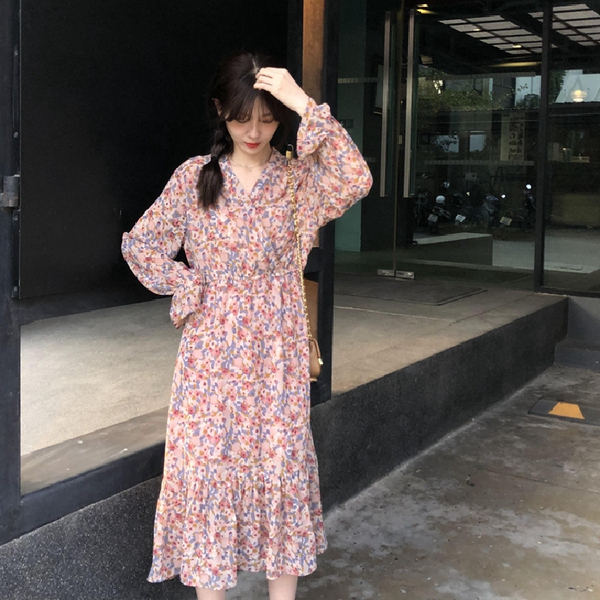 Soft Decor Dress Medium Length 2021 autumn Korean loose waist and thin bandage floral skirt