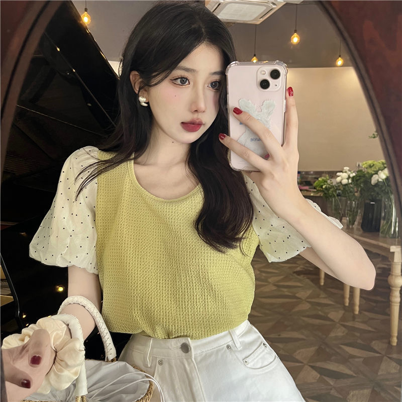 Polka Dot bubble sleeve splicing T-shirt women's summer 2022 new gentle style design sense foreign style loose short sleeve top