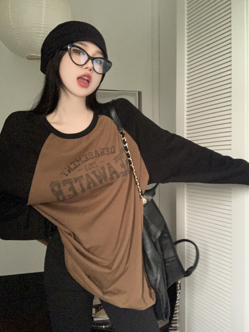 Real price Korean version letter printing stitching contrast color raglan T-shirt women's autumn loose and lazy thin top