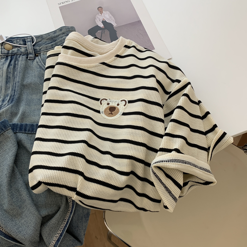 Real shot - 6535 cotton new short-sleeved t-shirt women's embroidered striped waffle