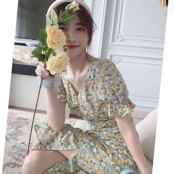 Chiffon bubble sleeve floral dress for women in summer