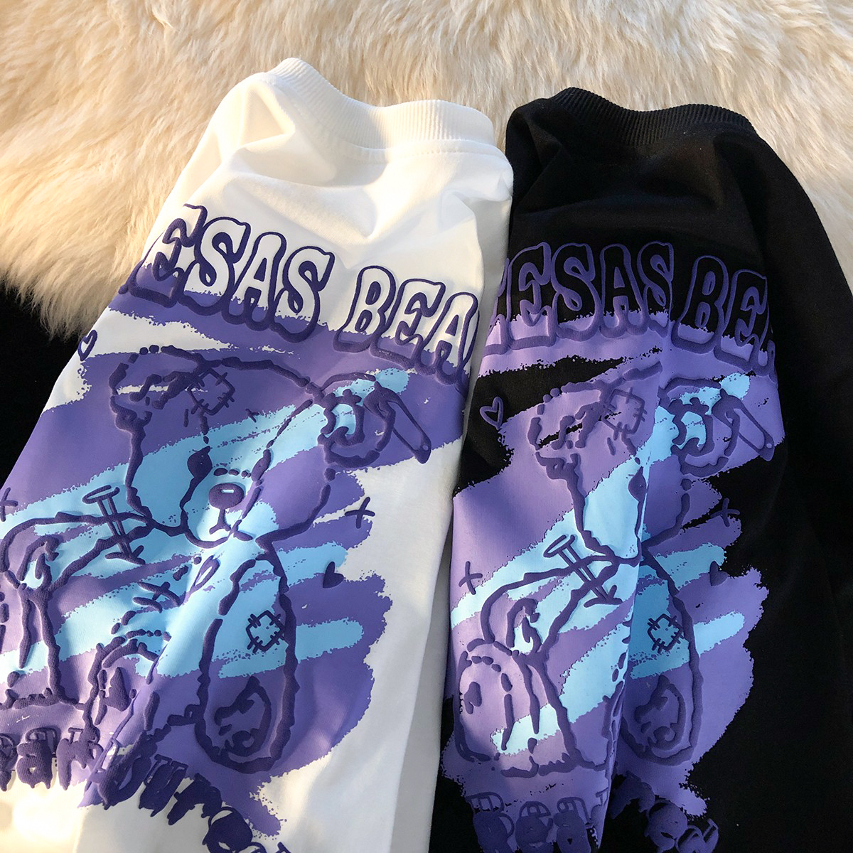 Jew4room fashion brand graffiti bear foam letters couple loose short sleeve t-shirt men's fashion European and American style