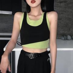 Fake two-piece T-shirt, slim new style, elegant, open navel, short sleeveless vest top