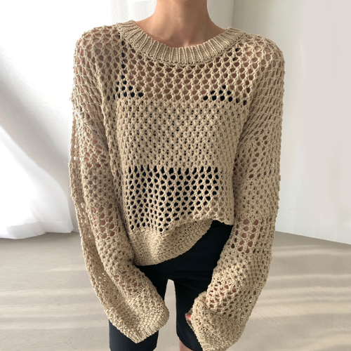 Hollowed out long sleeved sweater women's thin spring and autumn design sense of minority loose lazy style versatile round neck Pullover