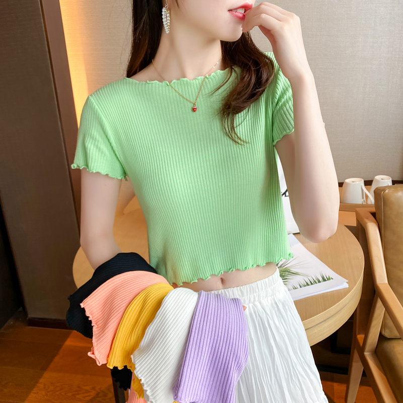 Thin ice silk sweater women's short-sleeved summer one-shoulder short-style design niche navel-baring T-shirt top