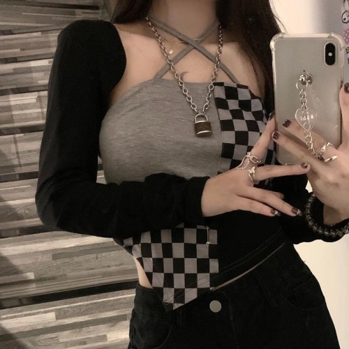 Plaid hanging neck small suspender vest for women outside spring and autumn wear Spice Girls ins irregular short sweet Spice Girls top summer