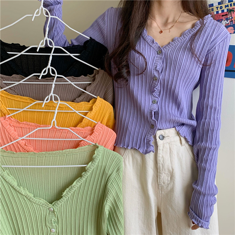 2020 summer new Korean Short BM thin top long sleeve t-shirt female purple V-neck slim sunscreen cardigan