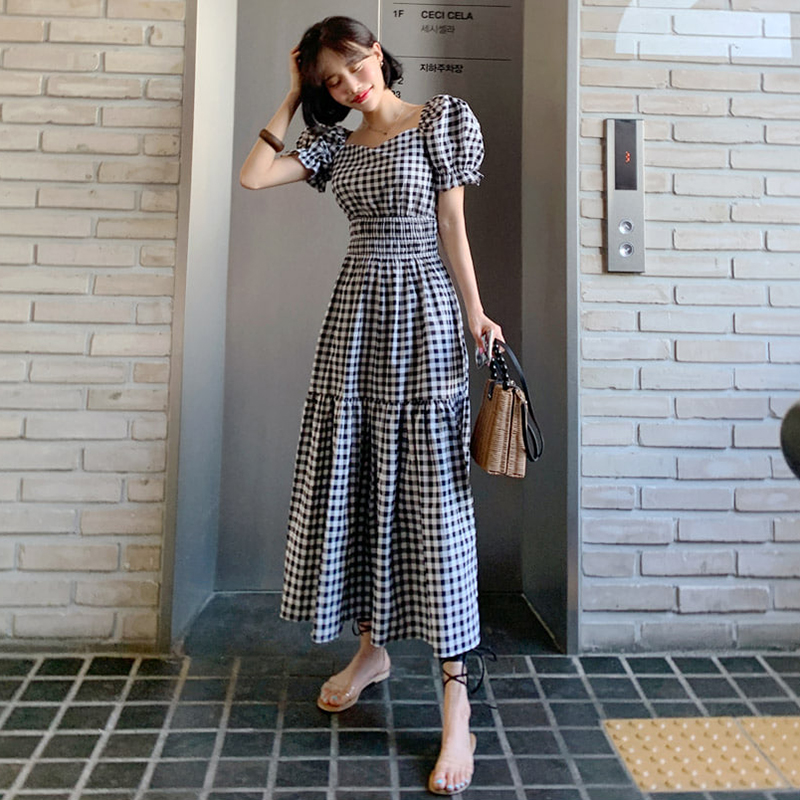 Summer sweet show thin lady close waist Plaid Dress long skirt