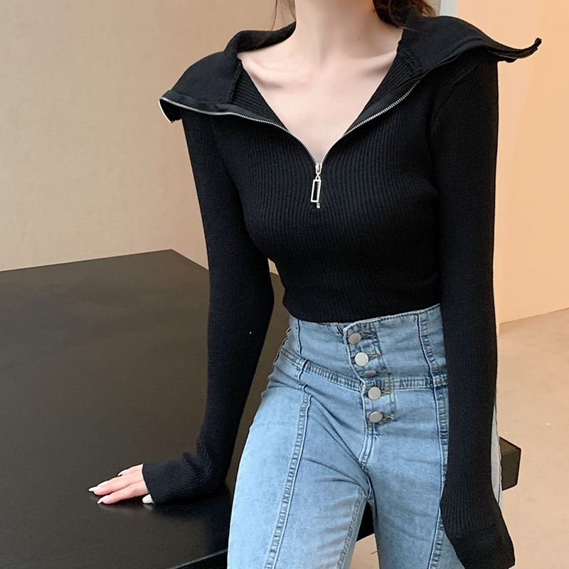 Net red pullover sweater women's autumn new long sleeve slim short open navel thin high neck sweater
