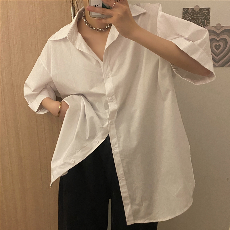 Real price ins solid color shirt crimped short sleeve Korean version foreign style versatile cotton shirt