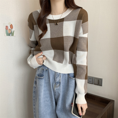 Real shot real price spring Korean version contrast checked short sweater loose and versatile lazy and thin Knitted Top Women