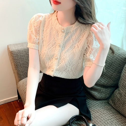 Summer 2022 new round neck bubble sleeve lace shirt women's design sense minority French aging Western style top