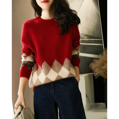 Xiaohanke retro rhombic thickened sweater all wool round neck knitted pullover for women