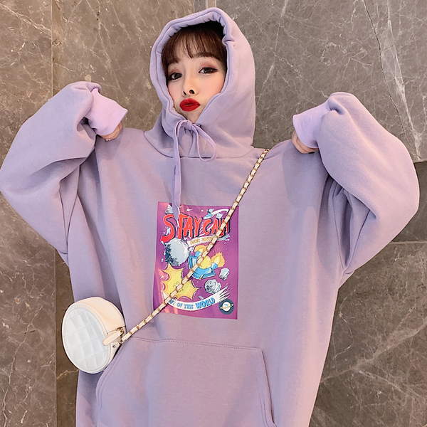 Real shooting of autumn new Korean letter cartoon map printed loose Plush Hoodie