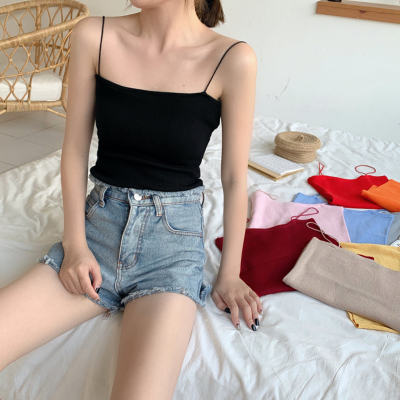 Summer women's Korean version of solid color slim bottoms with short knitwear, suspender, vest and top